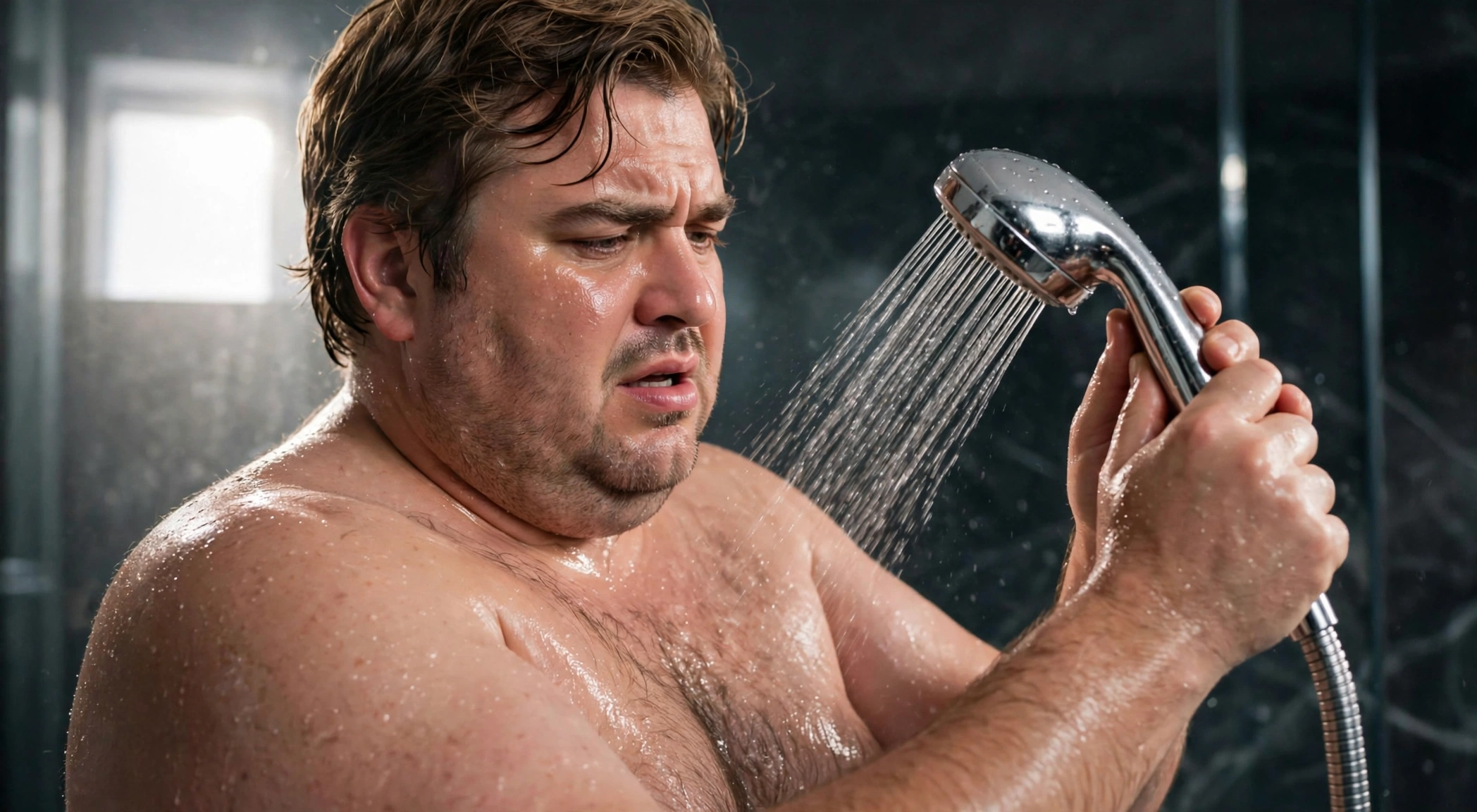 Man using the Sharky Wash handheld spray in the shower