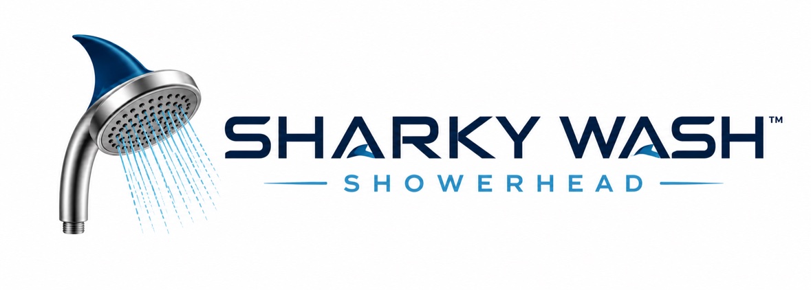 Sharky Wash showerhead logo